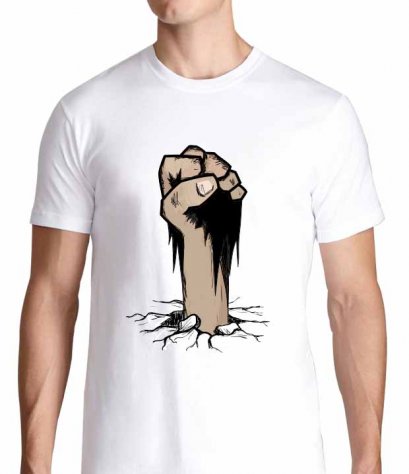 เสื้อยืดคอวีลาย Fist coming out of cracked ground